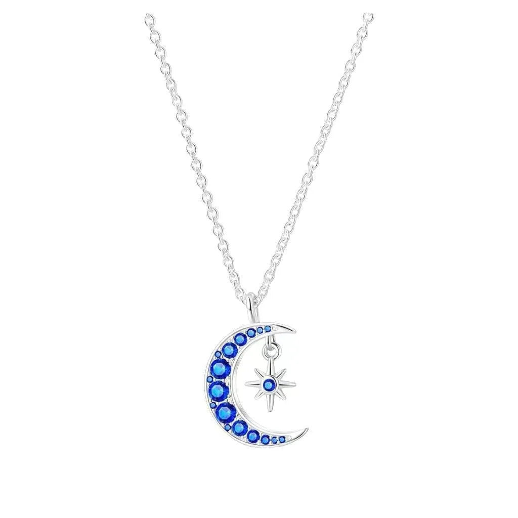 Copper blue moon necklace with electroplated white gold colour on adjustable O-ring chain