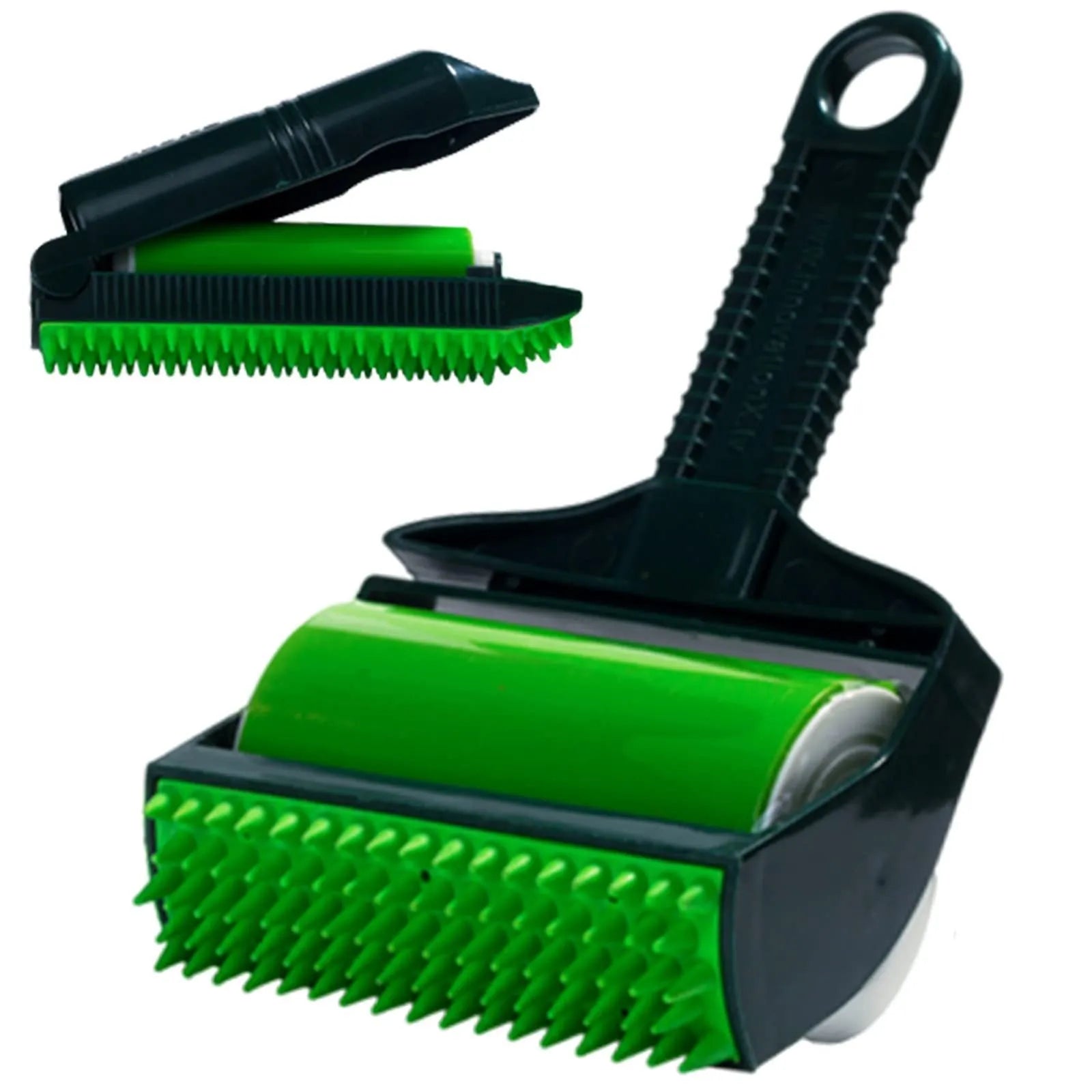 Yellow and green washable adhesive lint rollers for pet hair removal on a fabric sofa.