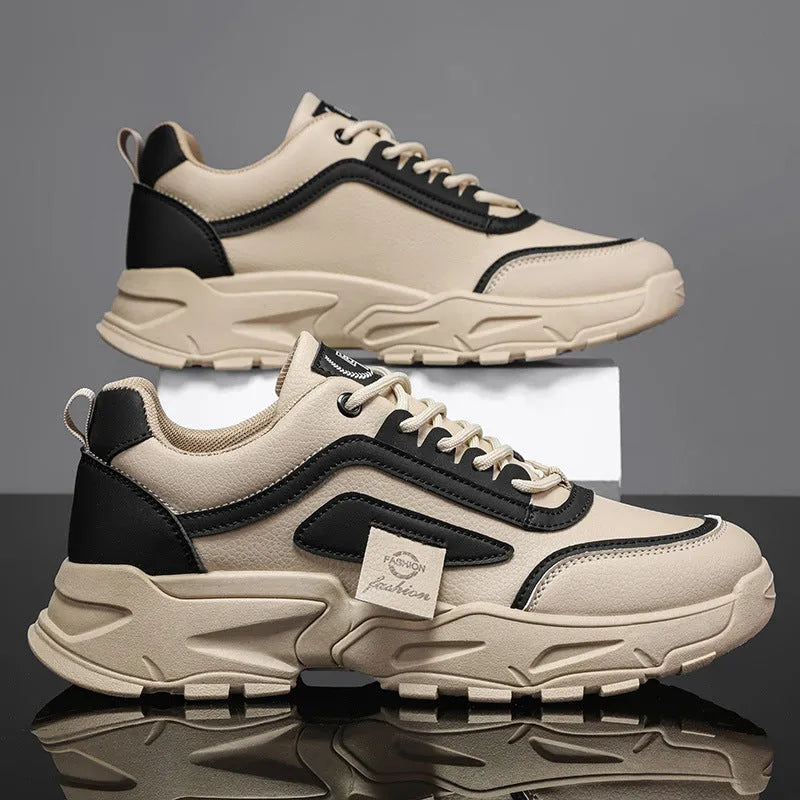Leather waterproof outdoor sneakers in beige with low top, mesh lining, and flat heel