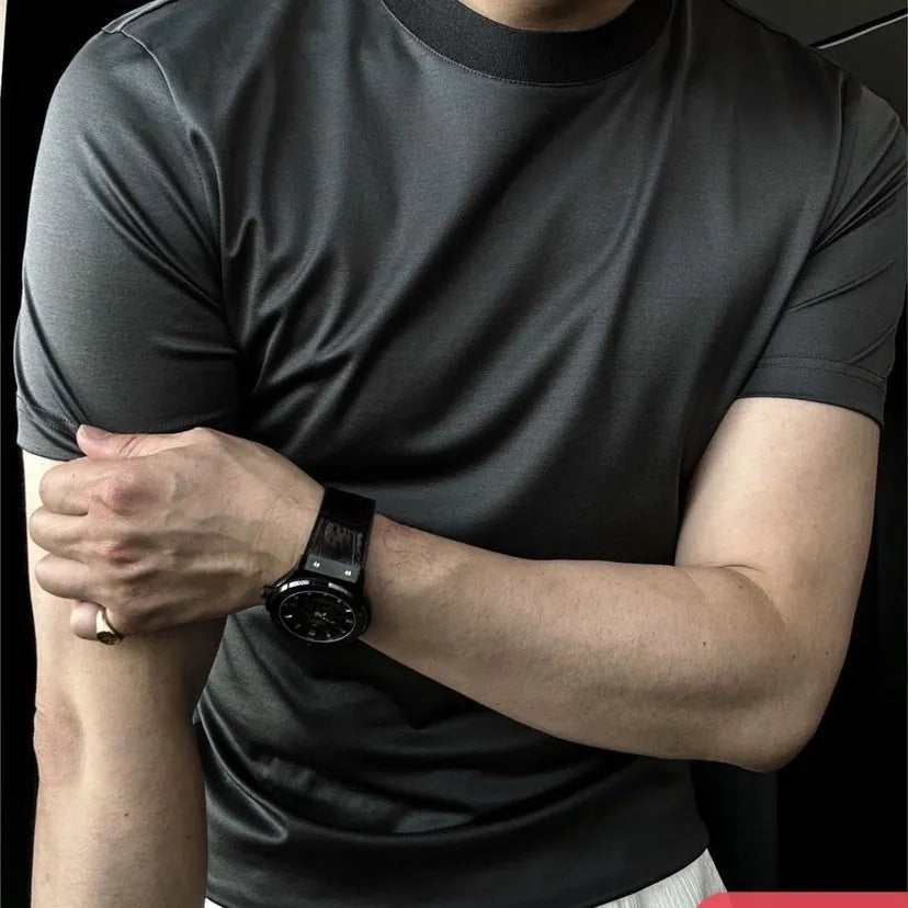 Ice Silk soft breathable round neck short sleeve T-shirt for men in black, dark gray, and light gray, sizes M to 4XL