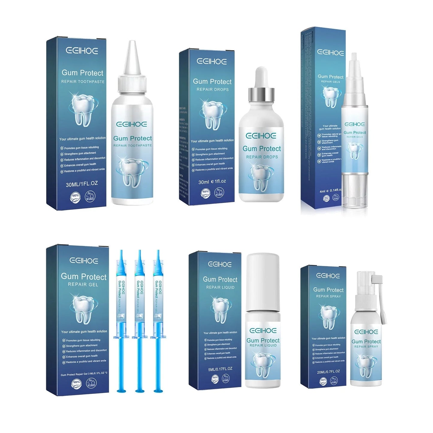 Gum Repair Series products: Drops, Essence, and Spray for natural tooth stain removal and gum care