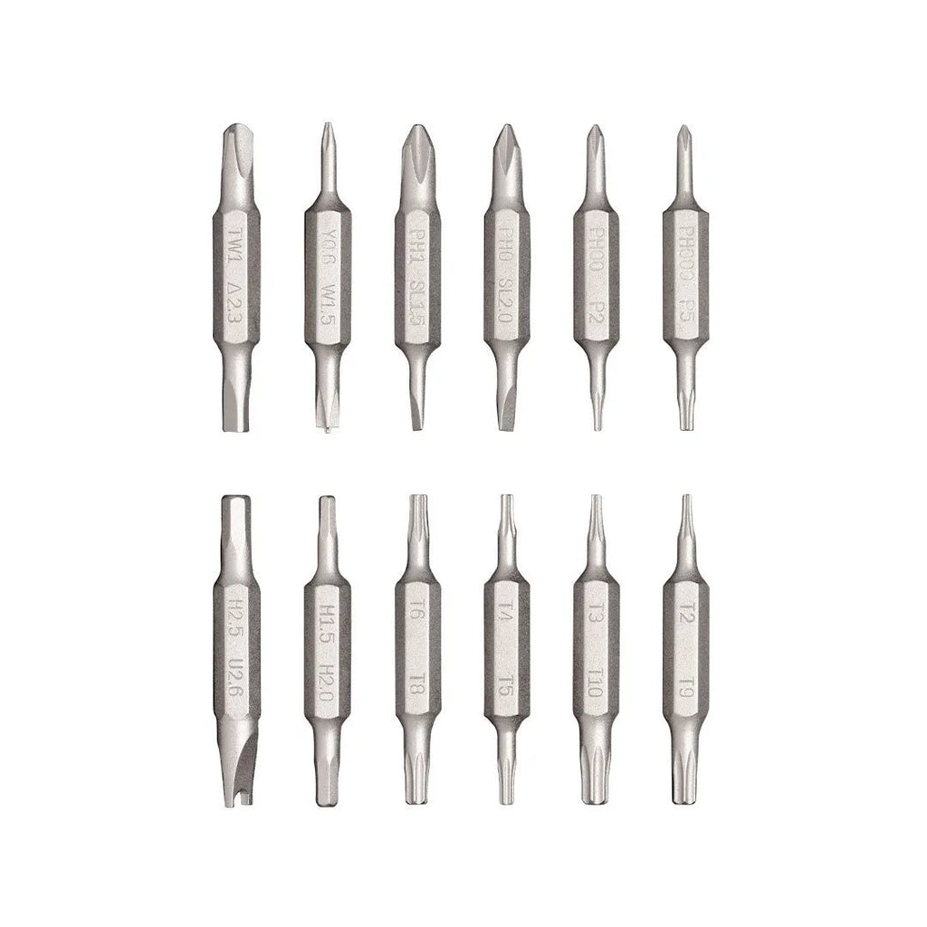 Black oxide 24-in-1 precision repair screwdriver set with magnetic bits stored in handle for phone and computer disassembly