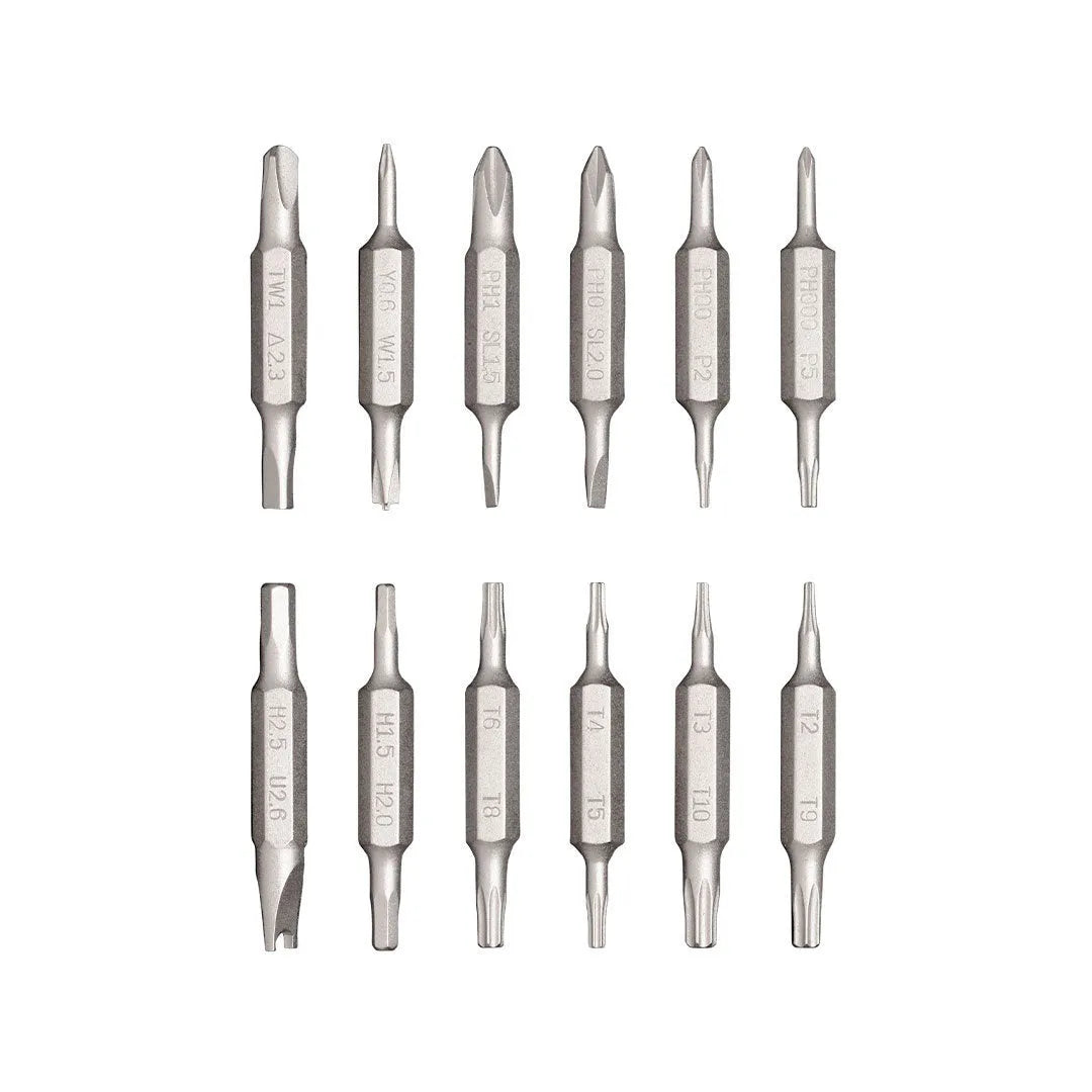 Black oxide 24-in-1 precision repair screwdriver set with magnetic bits stored in handle for phone and computer disassembly