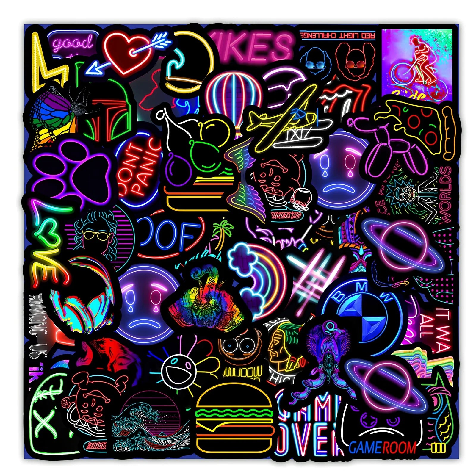 Pack of 50 irregular neon red PVC stickers for decorating car trunks, phones, and water cups on smooth surfaces