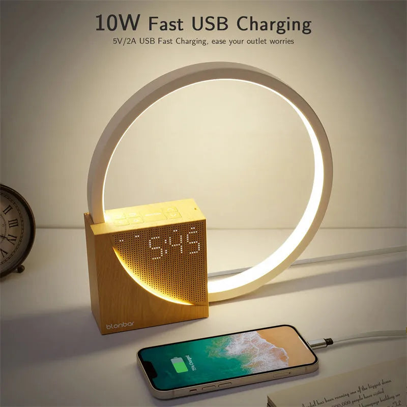 Navy blue wooden finish touch control bedside lamp with digital alarm clock display