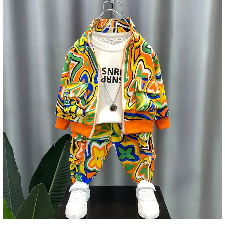 Orange and blue spring children's cotton two-piece shirt and trousers set for boys
