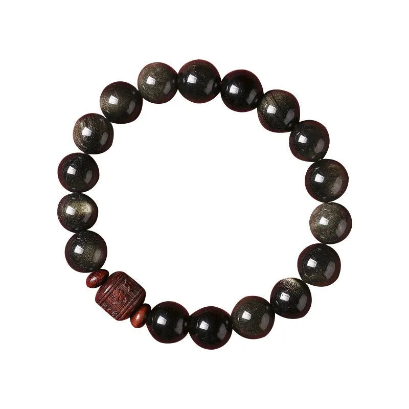Hand-woven unisex bracelet with round 10mm golden obsidian beads in a vintage style.