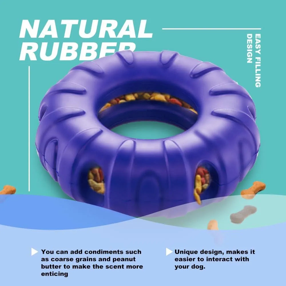Blue rubber dog chew toy shaped like a tyre with holes, for medium and large dogs