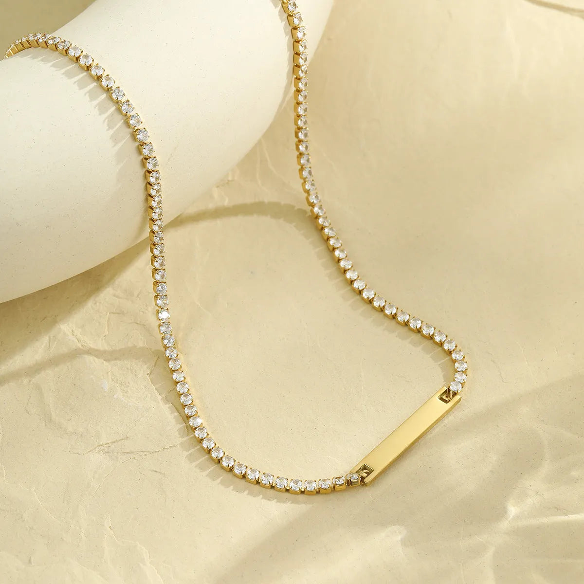 18K gold finish stainless steel diamond-embedded lettering bracelet with adjustable chain, geometry shape