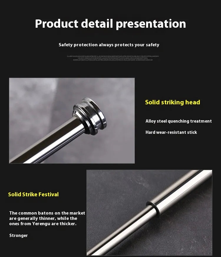 Automatic spring expandable baton in titanium black with three size options shown