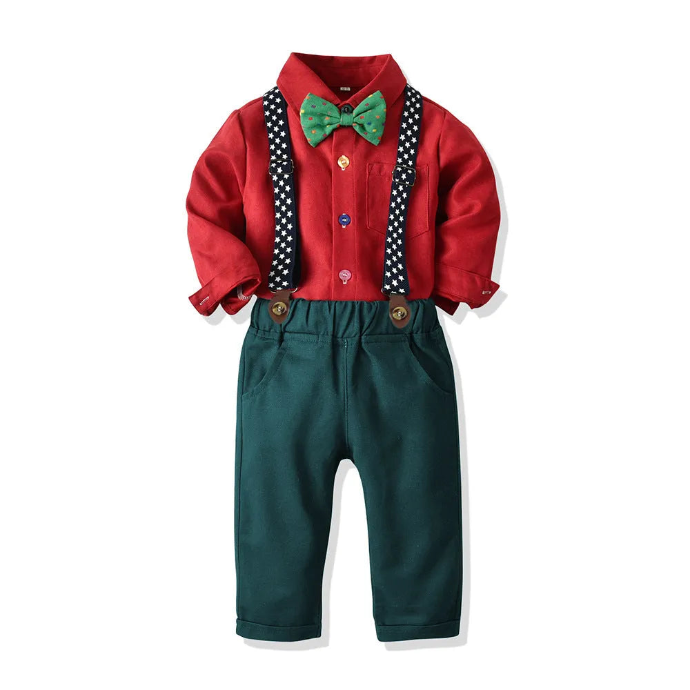 Boys' cotton long sleeved shirt and overalls set in dark green plaid pattern