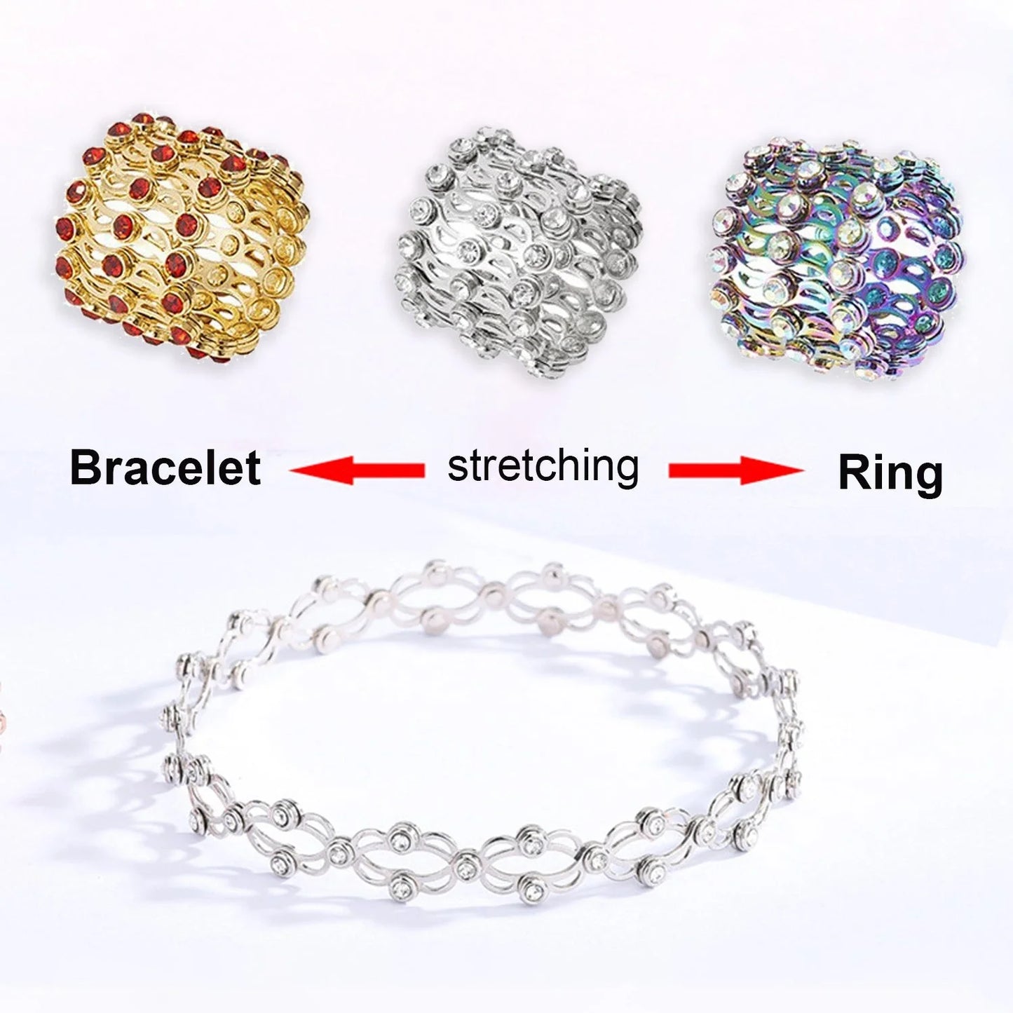 Adjustable 2-in-1 folding retractable rings bracelet with rhinestone inlay