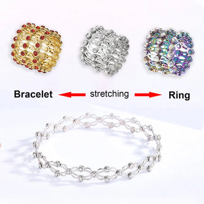 Adjustable 2-in-1 folding retractable rings bracelet with rhinestone inlay