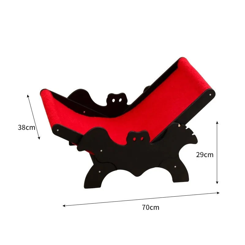 Wooden cat recliner bed with black and red Halloween colour theme