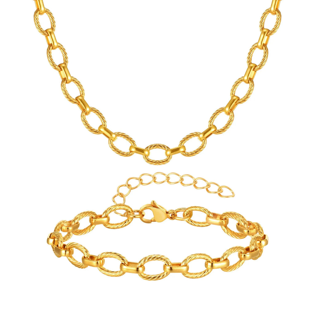 Gold electroplated stainless steel geometric embossed necklace and bracelet set for women