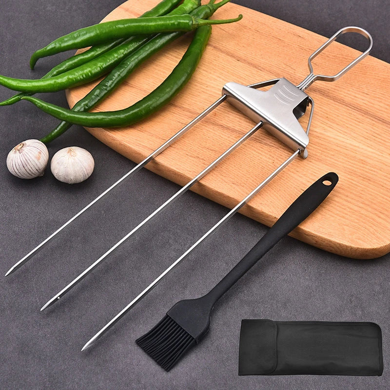 Stainless steel 3-prong BBQ skewer forks for perfect kebabs, non-stick and reusable.