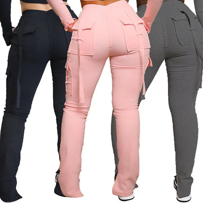 Stylish women's cargo pants with multiple pockets and high waist design for fashion and functionality.