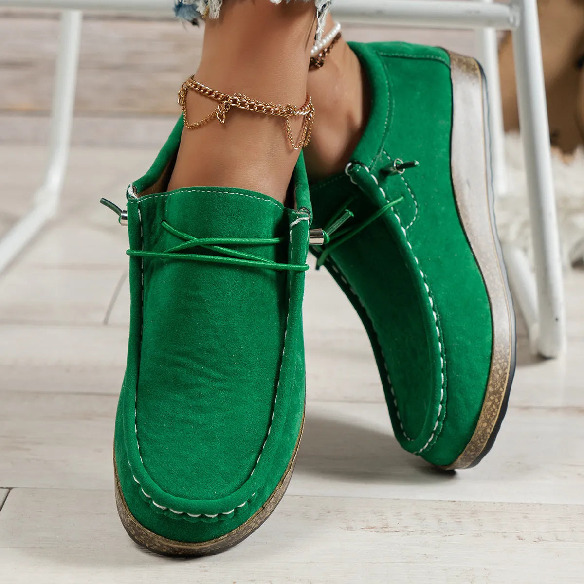 Women's green elastic slip-on casual shoes with PU upper, low top, round toe, flat heel