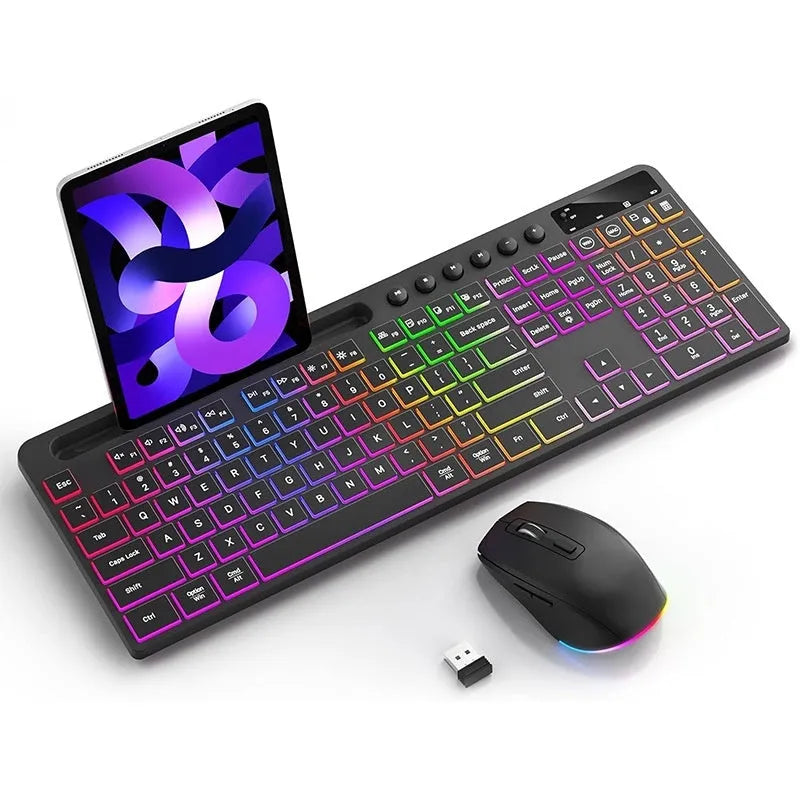 Black wireless keyboard and mouse set with luminous keys and integrated card slot for office use