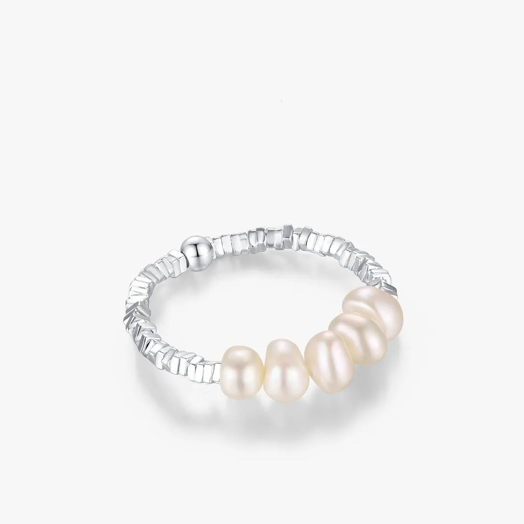 Women's S925 sterling silver natural pearl ring with adjustable open mouth design