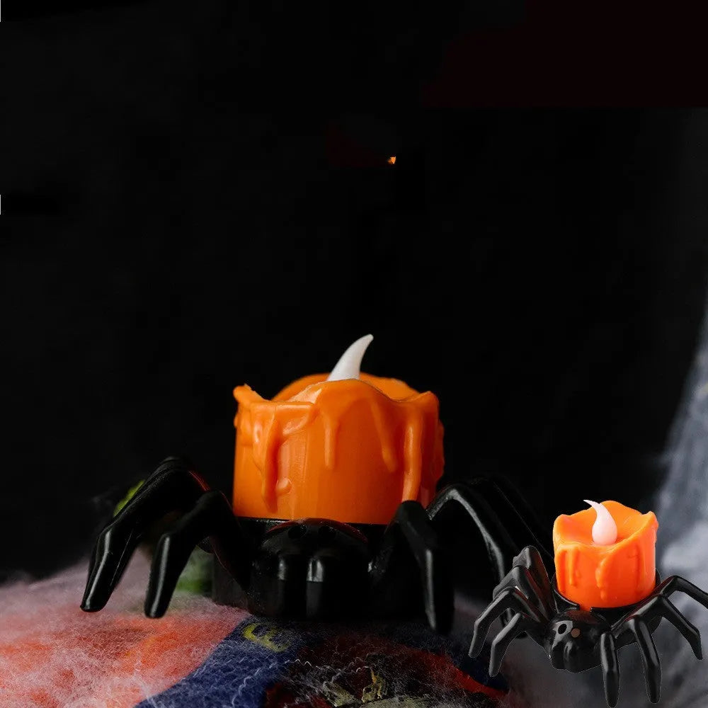 Halloween spider-back candle light ornament with plastic construction measuring 7 by 8.5 by 5 centimetres