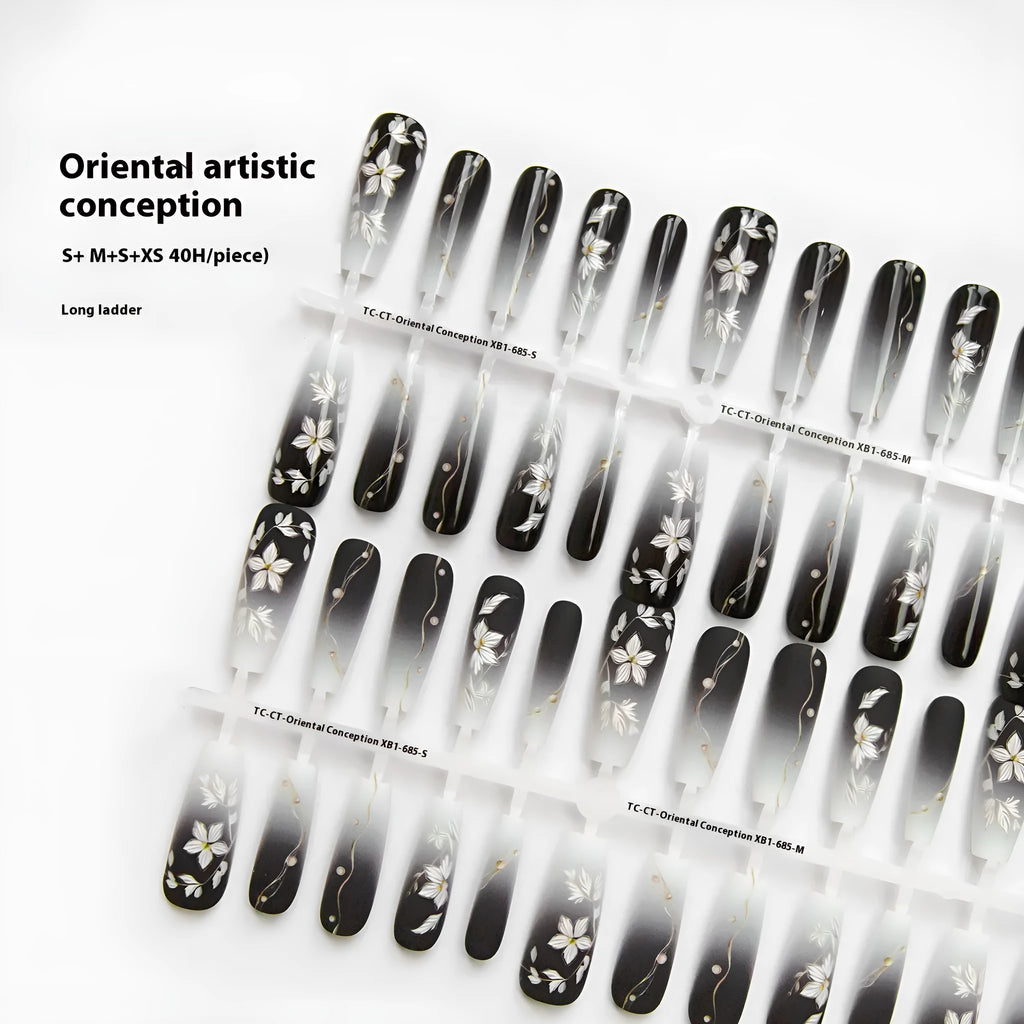 Retro Chinese style flower press-on false nails long ladder shape ultra-thin seamless 40 pieces