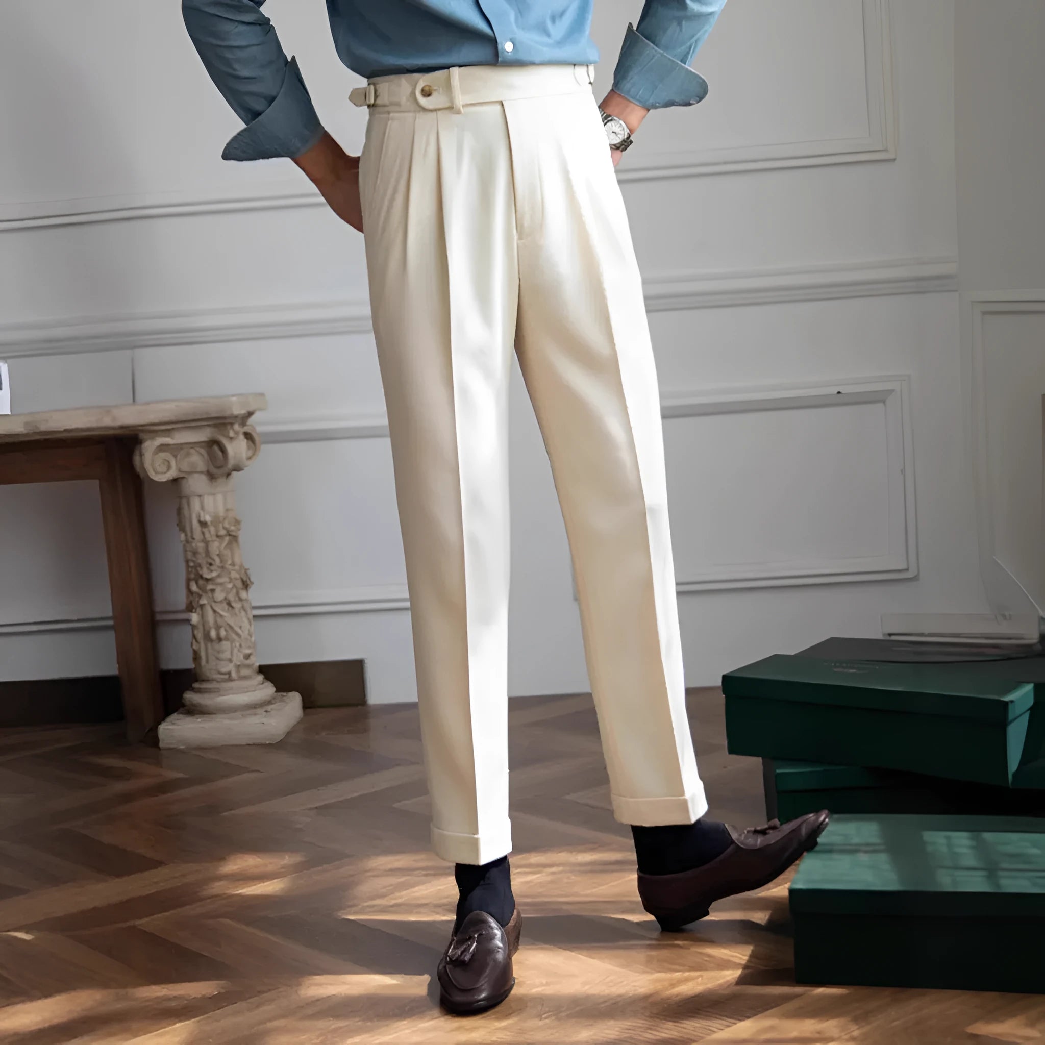 Men's straight leg polyester business casual trousers in black, front view