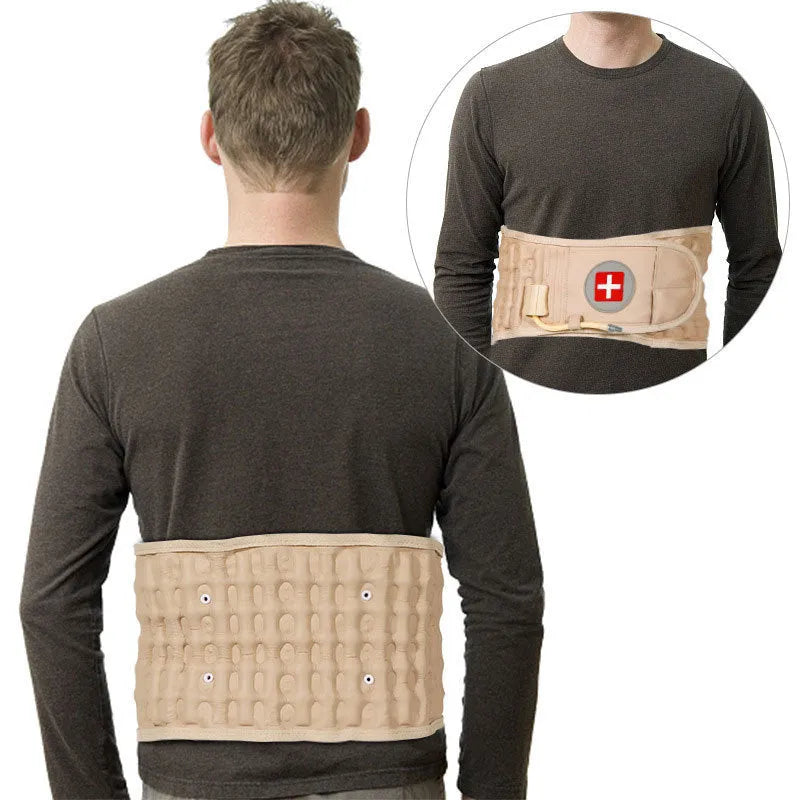 Unisex inflatable waist support traction belt in apricot with short tire pump, made from PU leather and cotton fabric