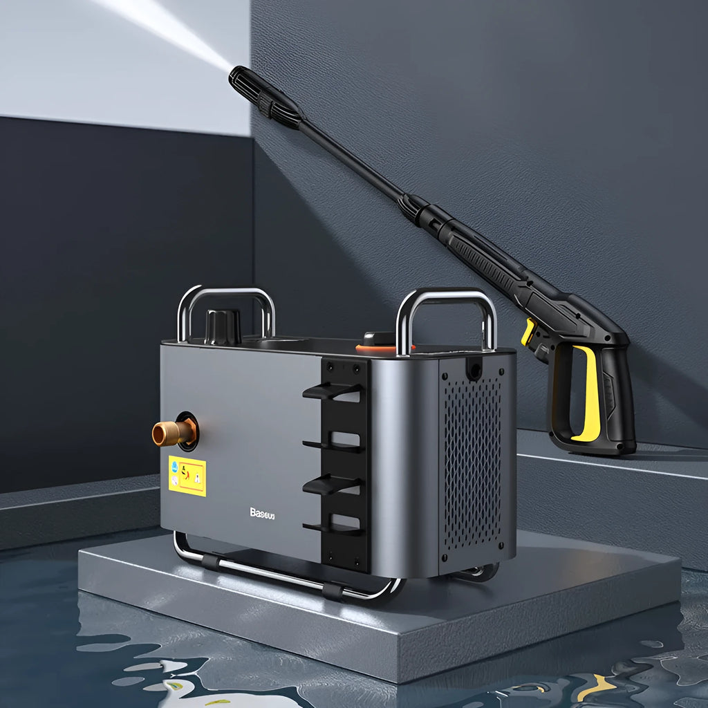 F1 grey pressure washer with 1300W motor, 10m outlet pipe, and high pressure gun