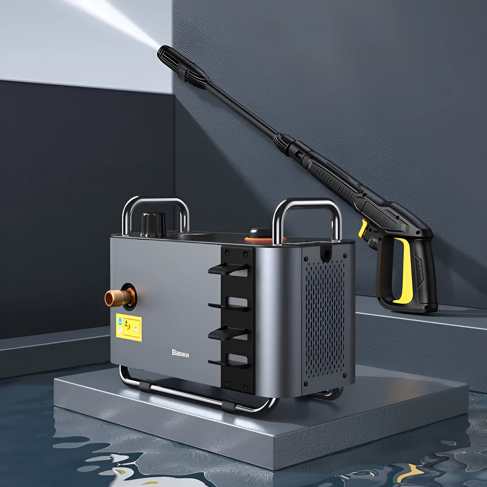 F1 grey pressure washer with 1300W motor, 10m outlet pipe, and high pressure gun