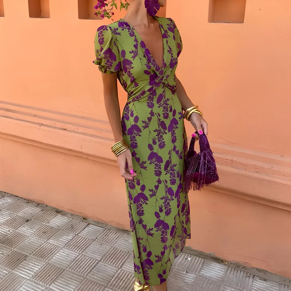 Green floral print V-neck short-sleeved polyester dress, mid-length one-step skirt, sizes S-3XL for women