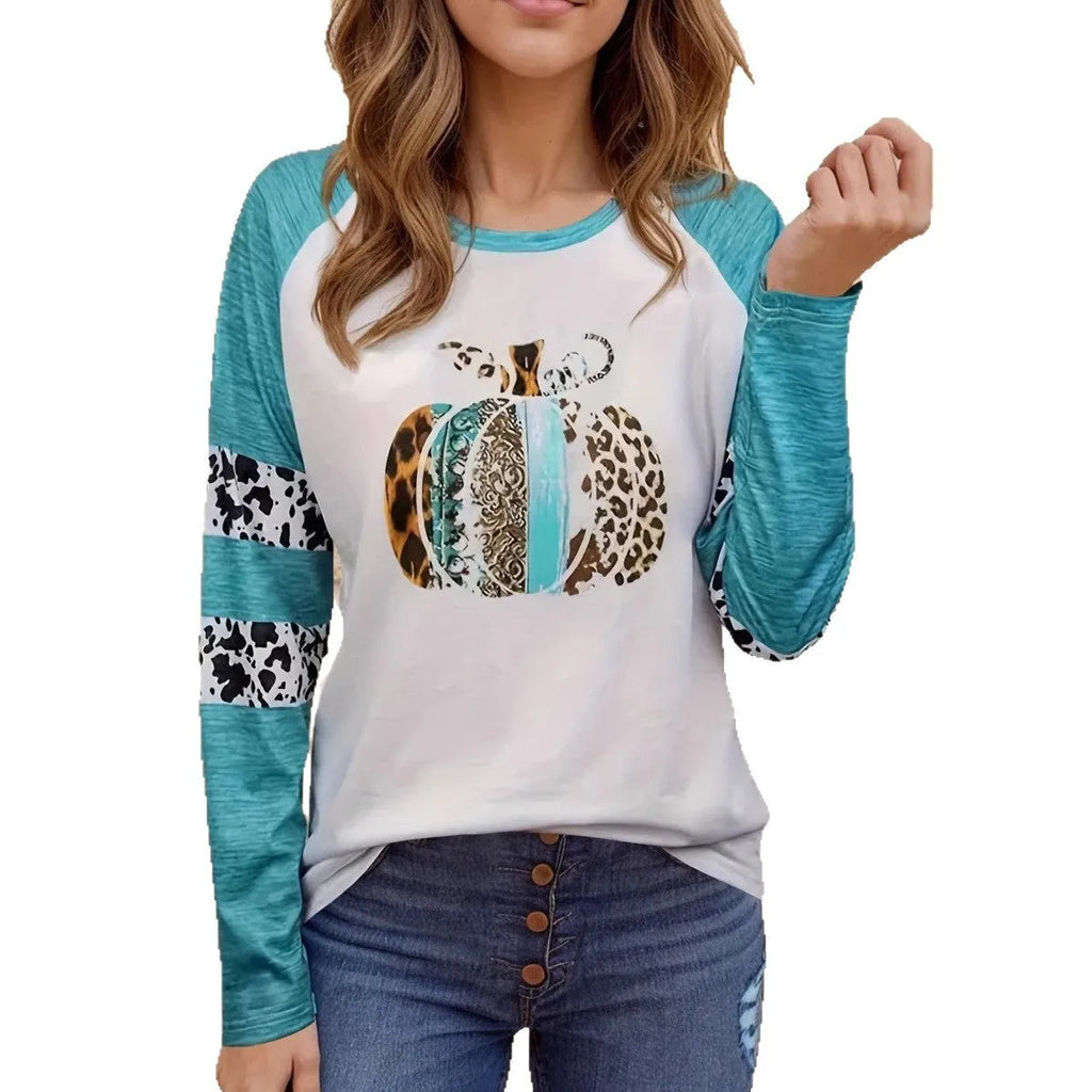 Sky blue Halloween T-shirt with white 3D pumpkin print, long sleeves, regular fit.