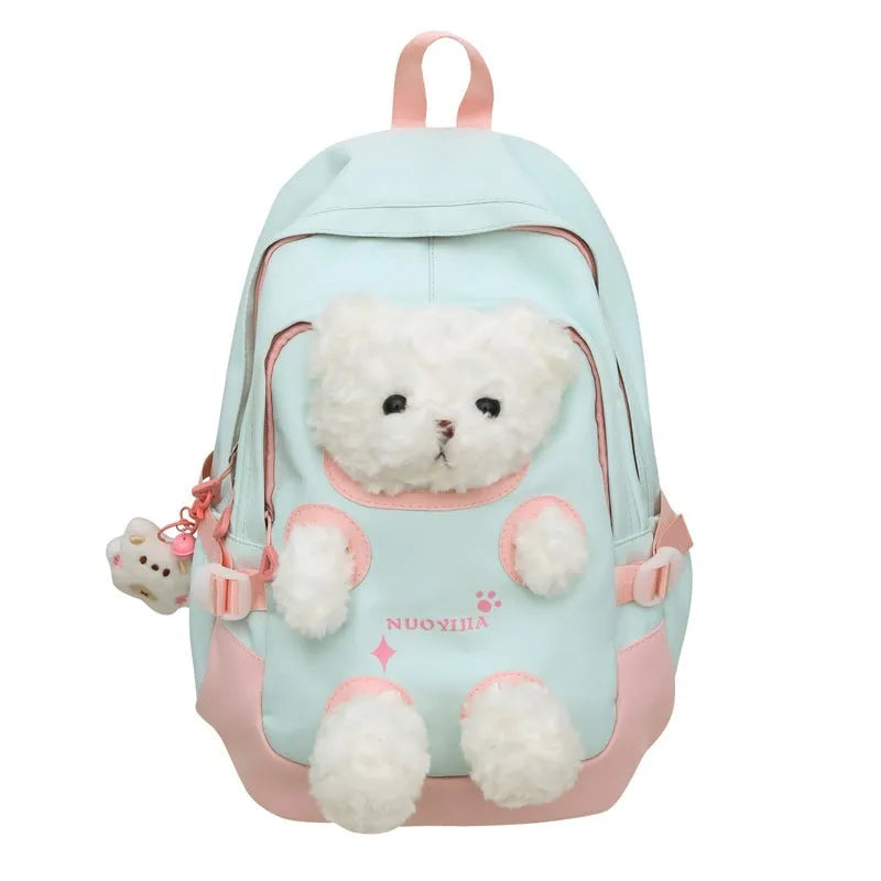 Cute bear-themed nylon school backpack with curved shoulder straps in macaron colour options.