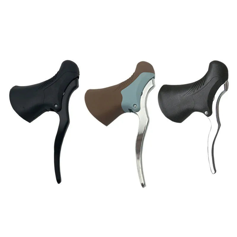 Pair of aluminium alloy road bicycle brake handles in black and black-silver colours for 22.2mm and 23.8mm handlebars.