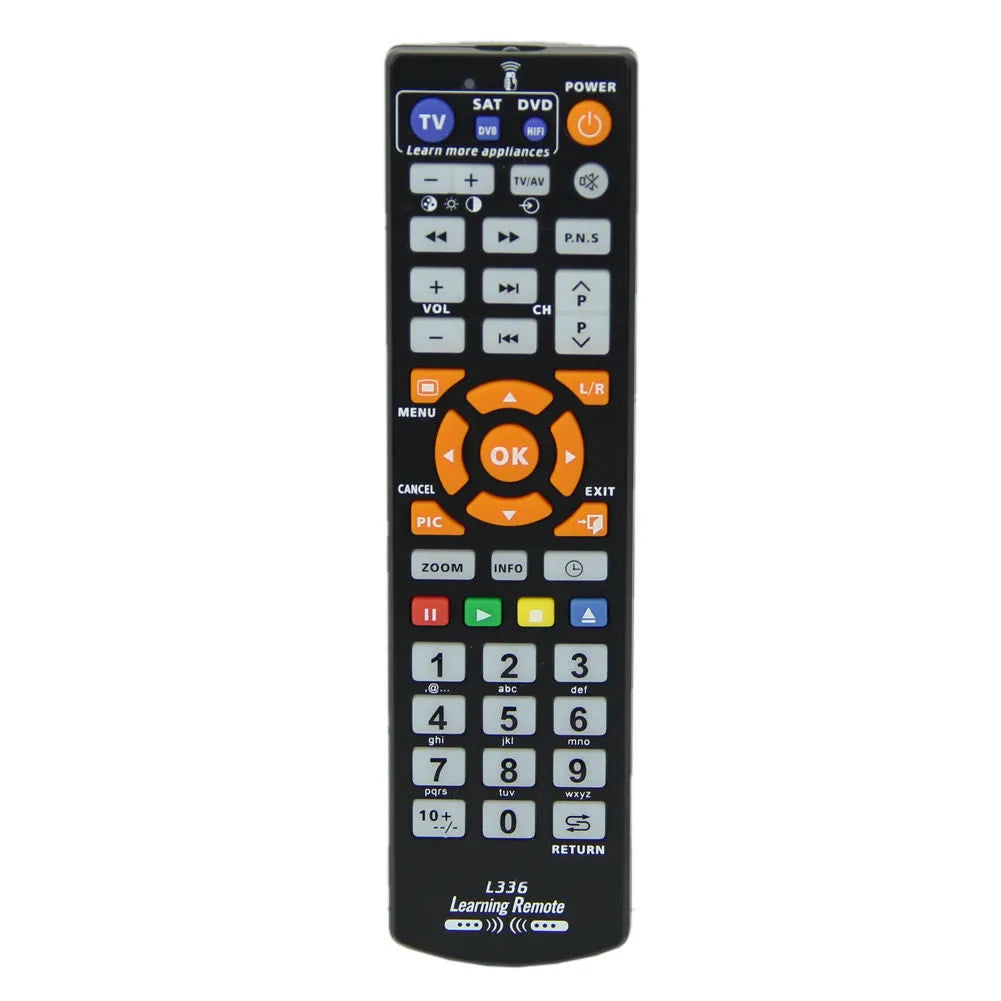 Black L336 universal learning remote control with infrared transmitter and standard entertainment button layout