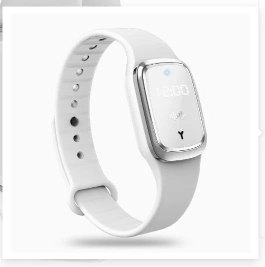 Ultrasonic mosquito repellent wristband in various colours, showcasing waterproof design and optional clock feature.