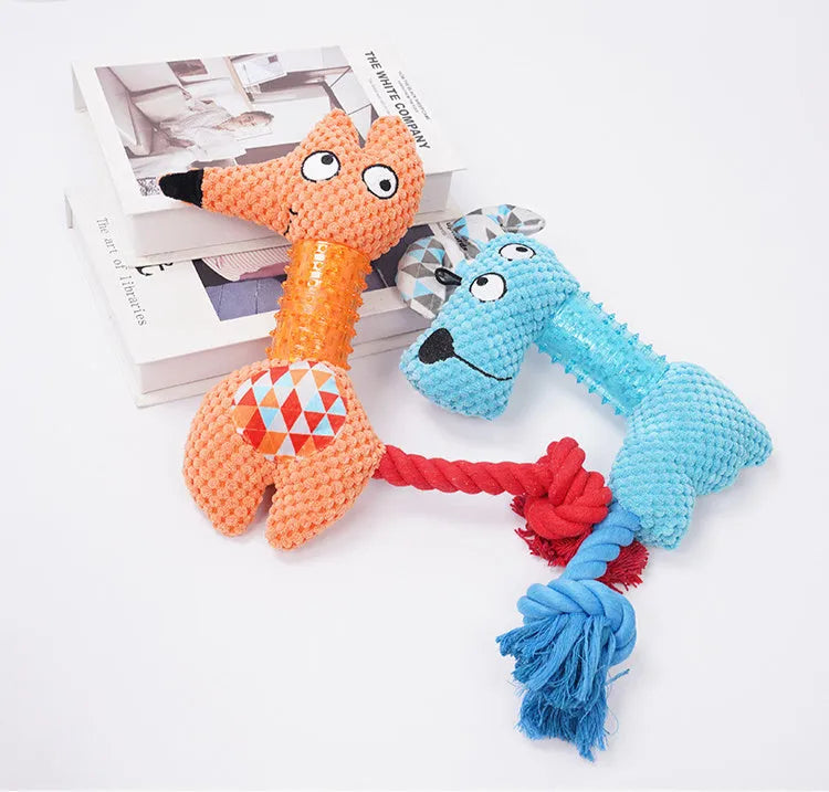 Corn Kernel TPR dog toy with squeaker and cotton rope tail in Blue, Fox size