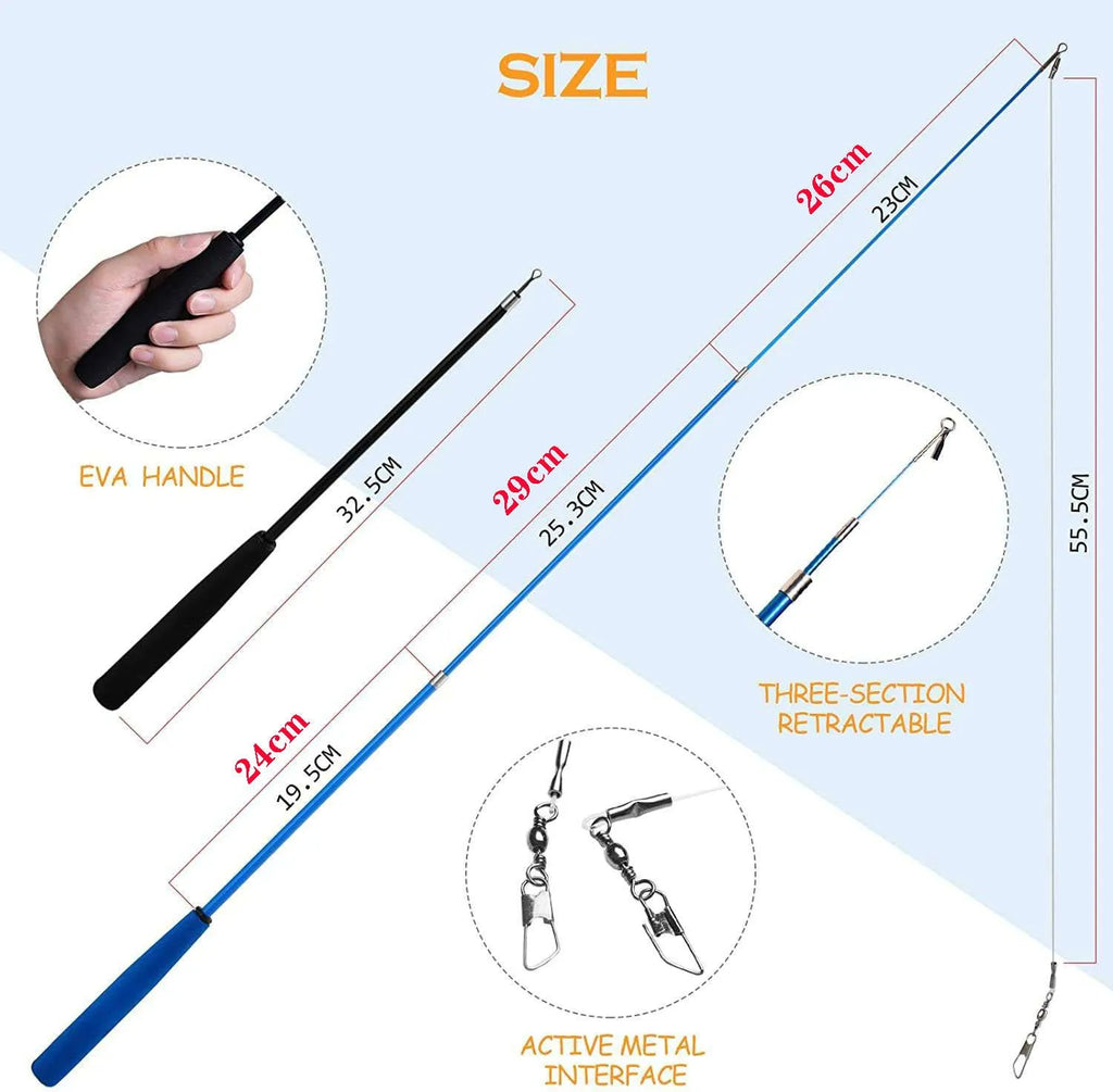 Cat teasing rod set with two extendable wands and ten feather teasing heads