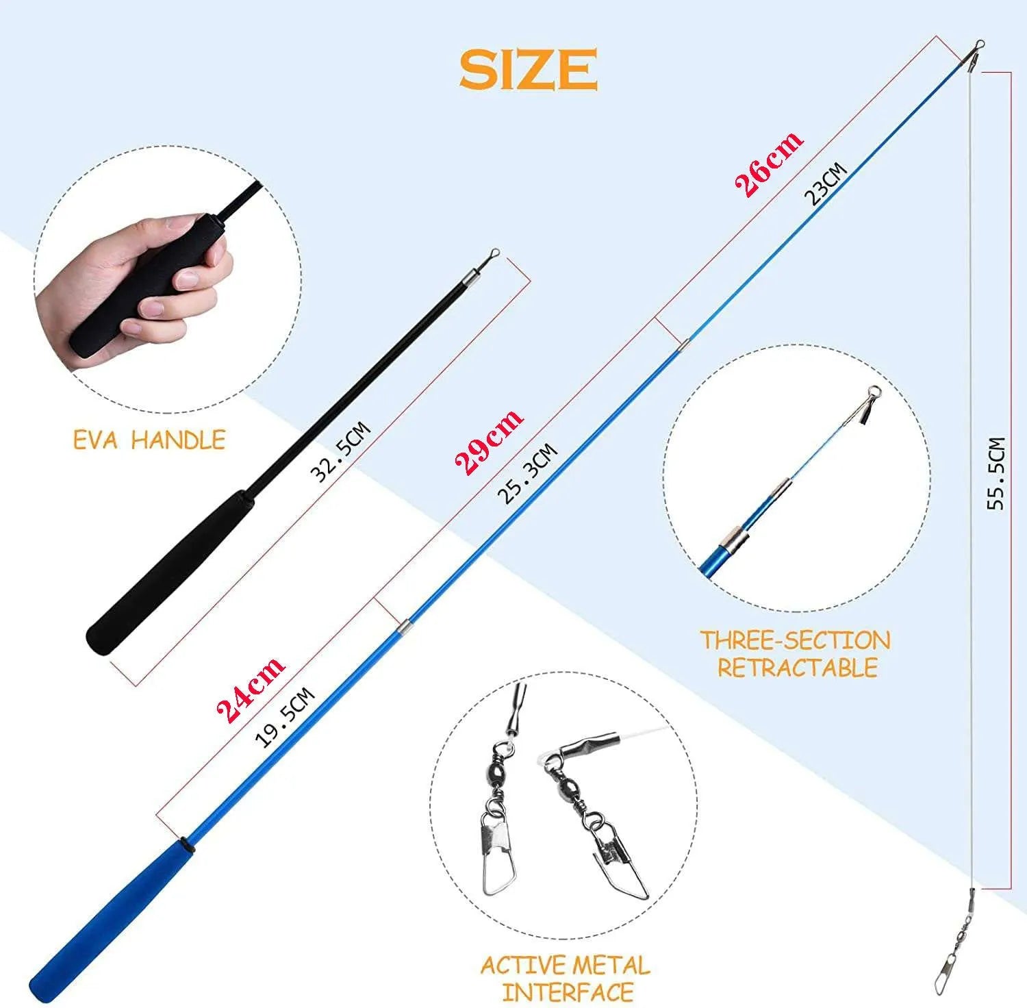 Cat teasing rod set with two extendable wands and ten feather teasing heads