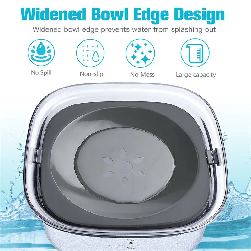 Transparent plastic dog water bowl with floating slow-feeder disk inside.