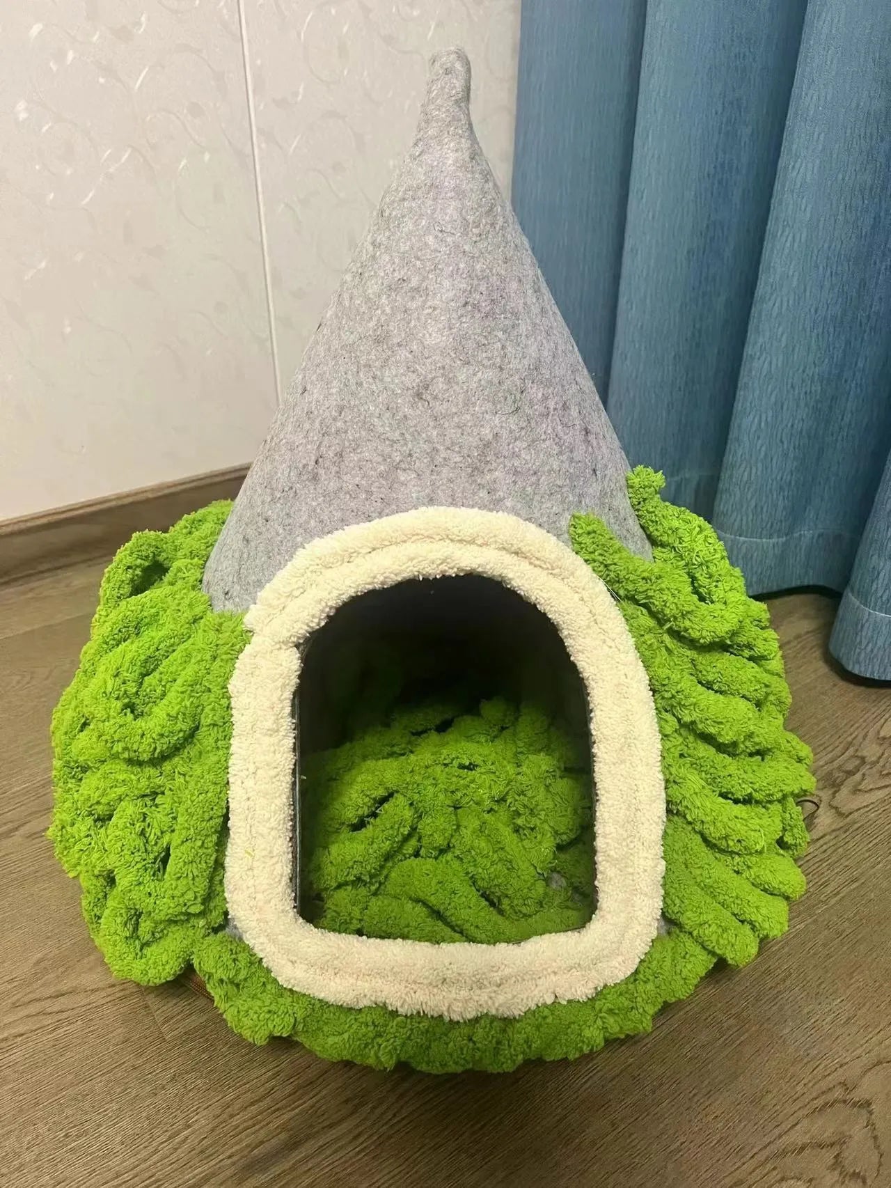 Grey conical felt enclosed cat nest with Christmas handmade design measuring 50cm diameter