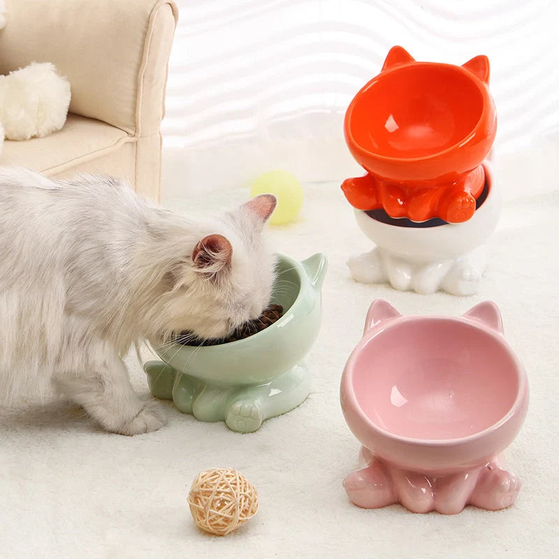 Ceramic pet bowl with neck guard and oblique mouth design in pink and blue