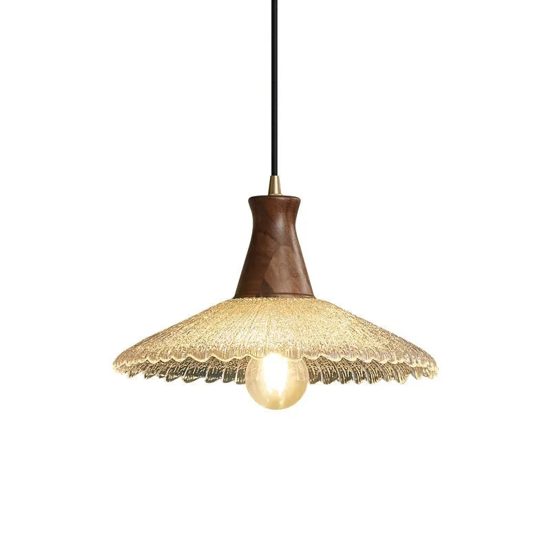 Retro brass and glass woodcraft chandelier ceiling lamp shown in three available sizes.