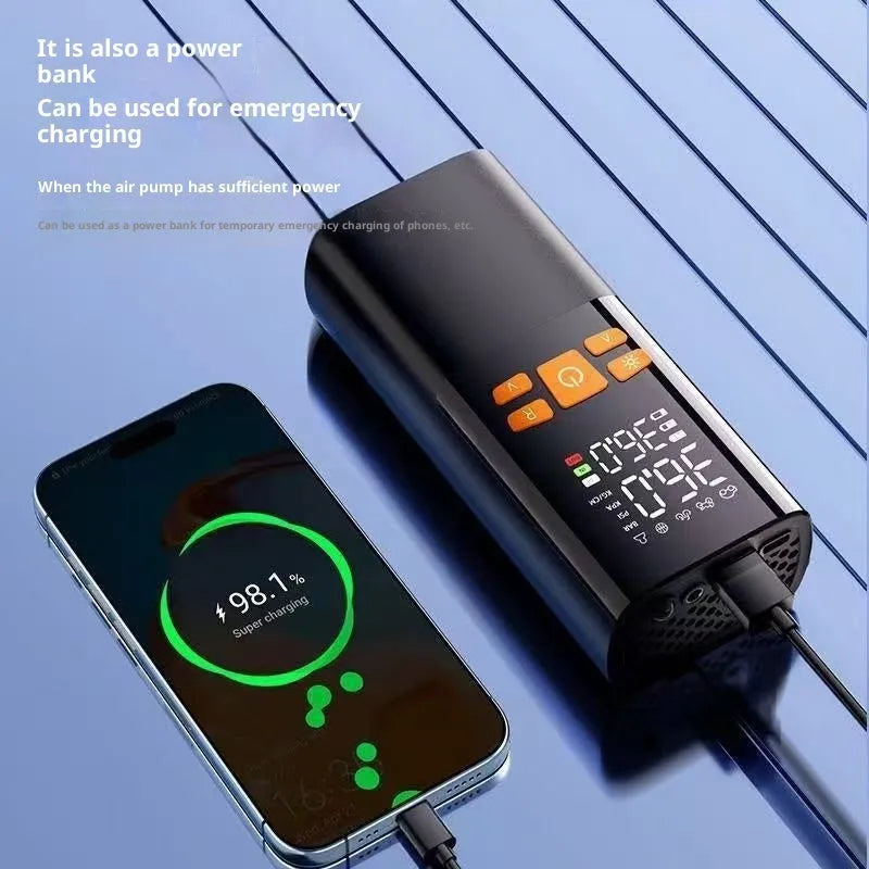 Wireless black tyre inflator with ABS body, tire pressure gauge, and warning light on a car tyre