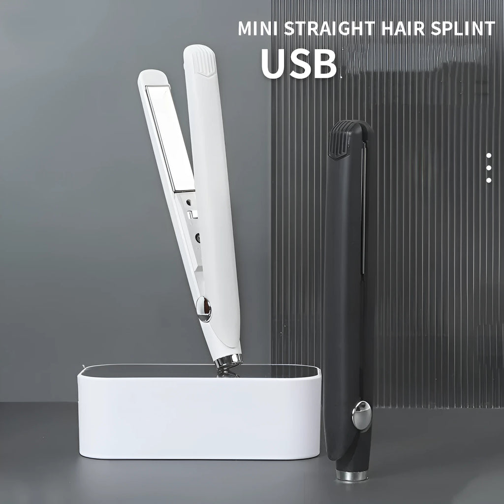 USB mini hair curler and straightener dual-use in black, 2cm by 19cm, with USB cable