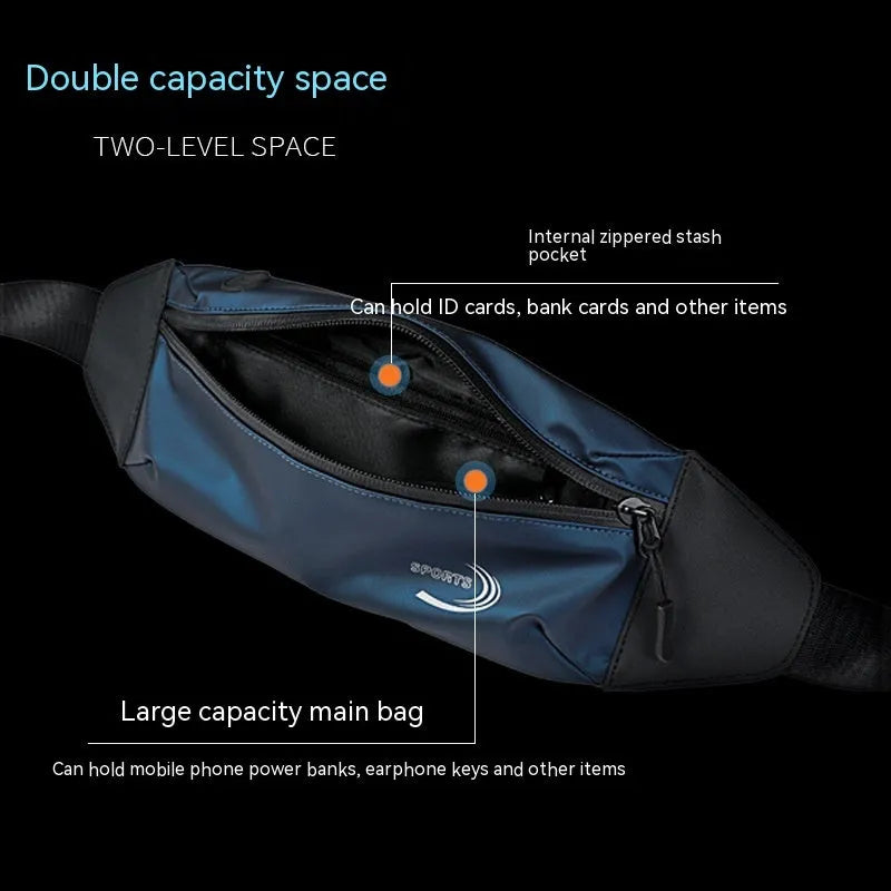 Men's solid-colour waterproof waist bag in Derm Oxford polyester, shown in black, blue, and grey.
