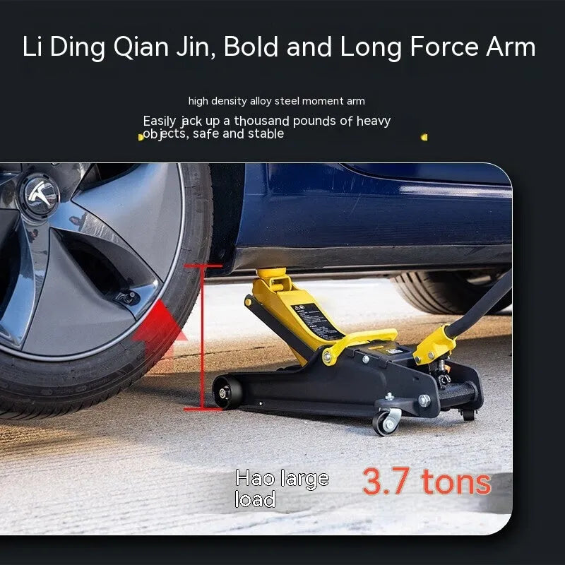 Hydraulic low car jack with handle for tyre changing applications