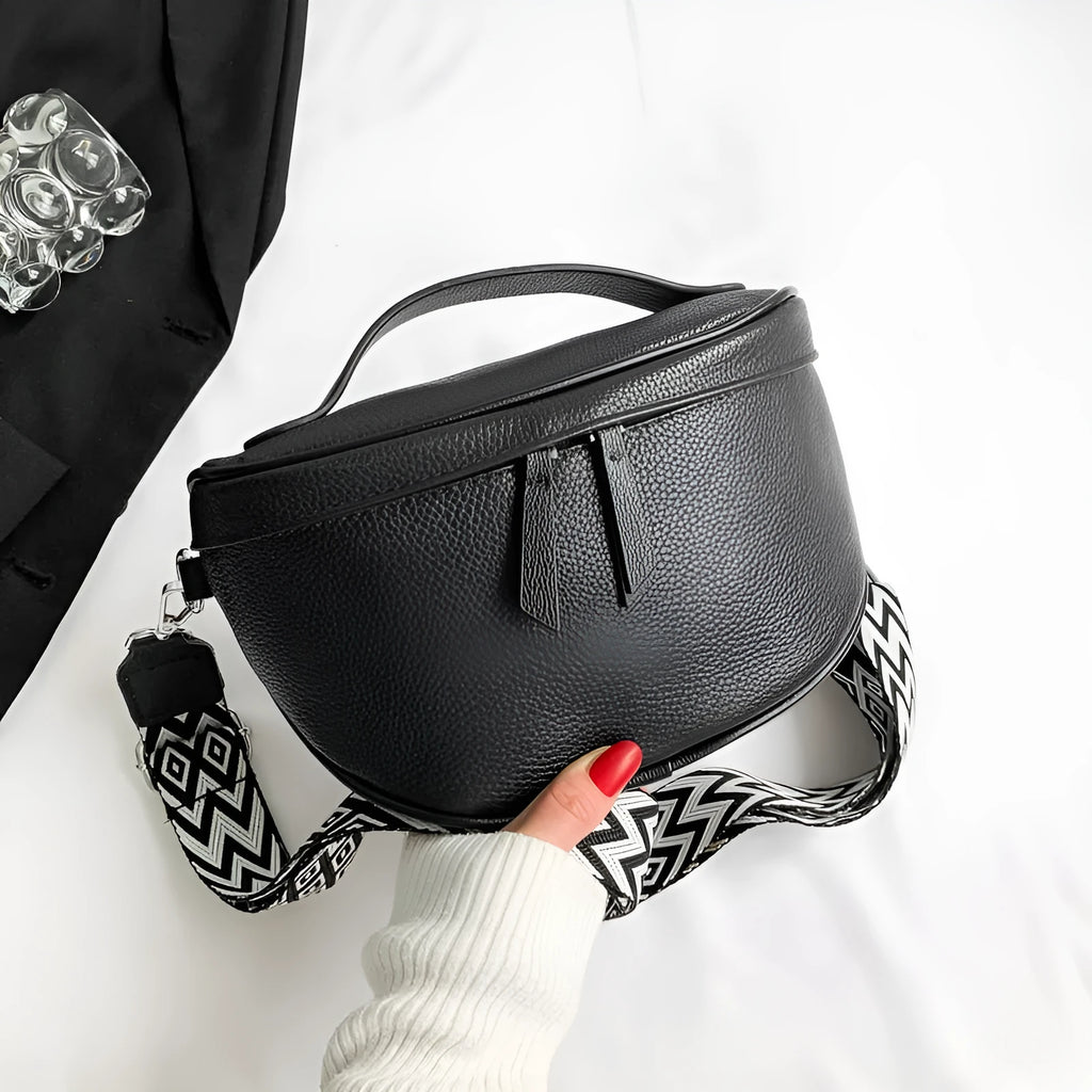 Ladies black top grain cowhide leather crossbody bag with single shoulder strap, 25cm wide