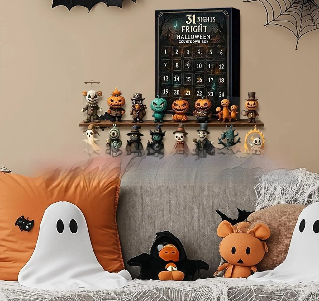 Halloween countdown advent calendar box with horror-themed resin doll blind boxes inside.