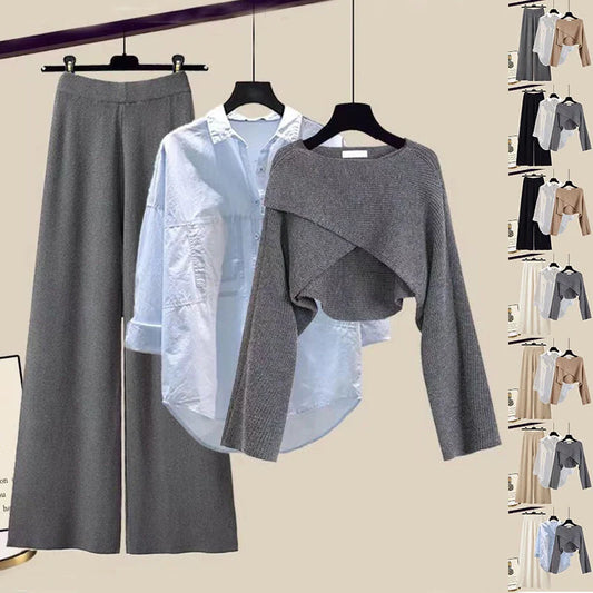 Women's 3-piece knitted sweater suit in grey with white shirt and wide-leg pants for autumn and winter wear